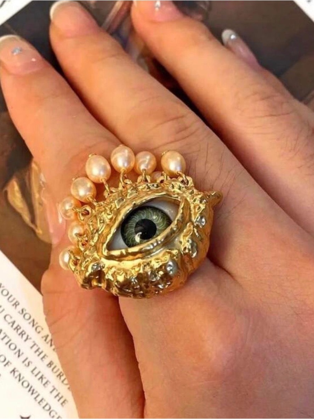 Gold Eye Ring with Pearl Accents
